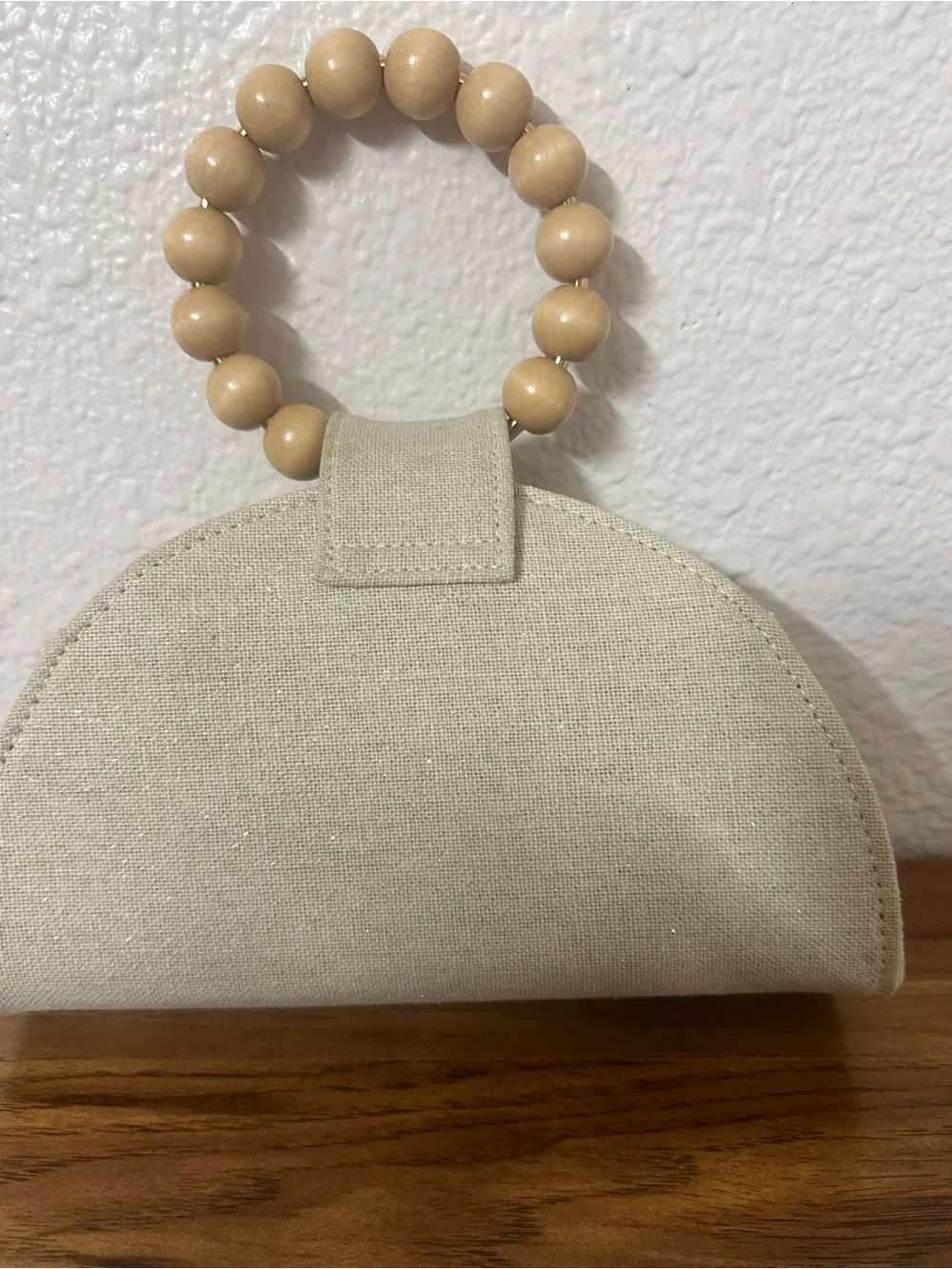 Beige Woven Straw Dome Wristlet Bag with Wooden Bead Handle